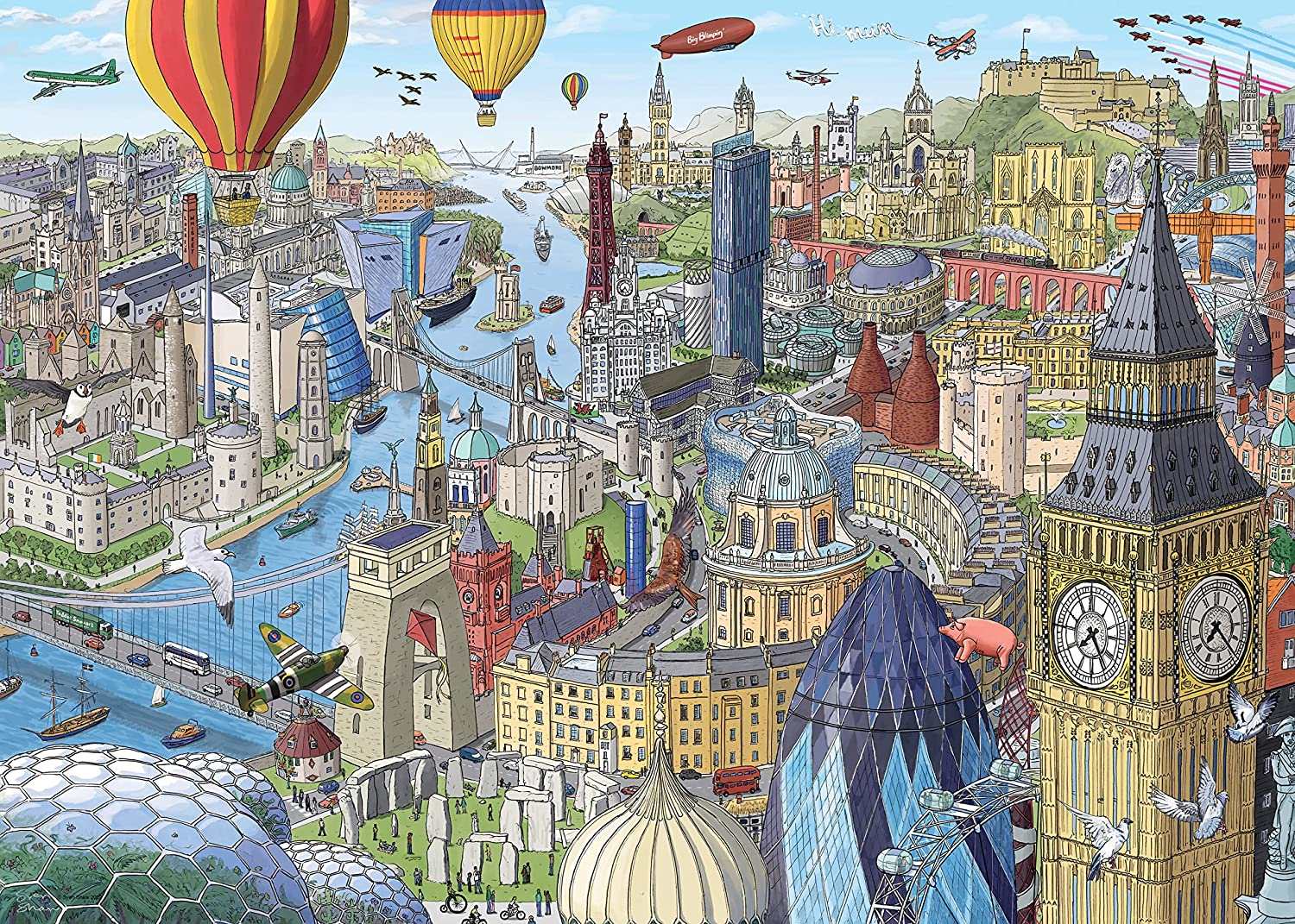 Ravensburger Around the British Isles 1000-piece puzzle showing famous UK landmarks like Big Ben Stonehenge and Blackpool Tower with hot air balloons and planes