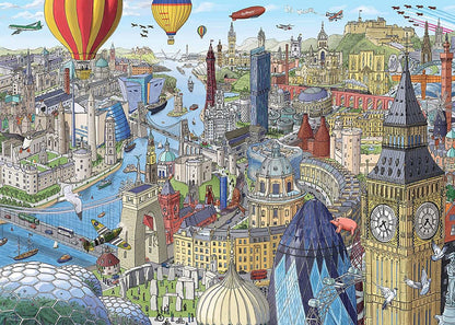Ravensburger Around the British Isles 1000-piece puzzle showing famous UK landmarks like Big Ben Stonehenge and Blackpool Tower with hot air balloons and planes