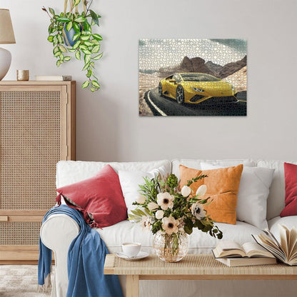 Yellow sports car jigsaw puzzle art hanging over a white sofa in a modern living room