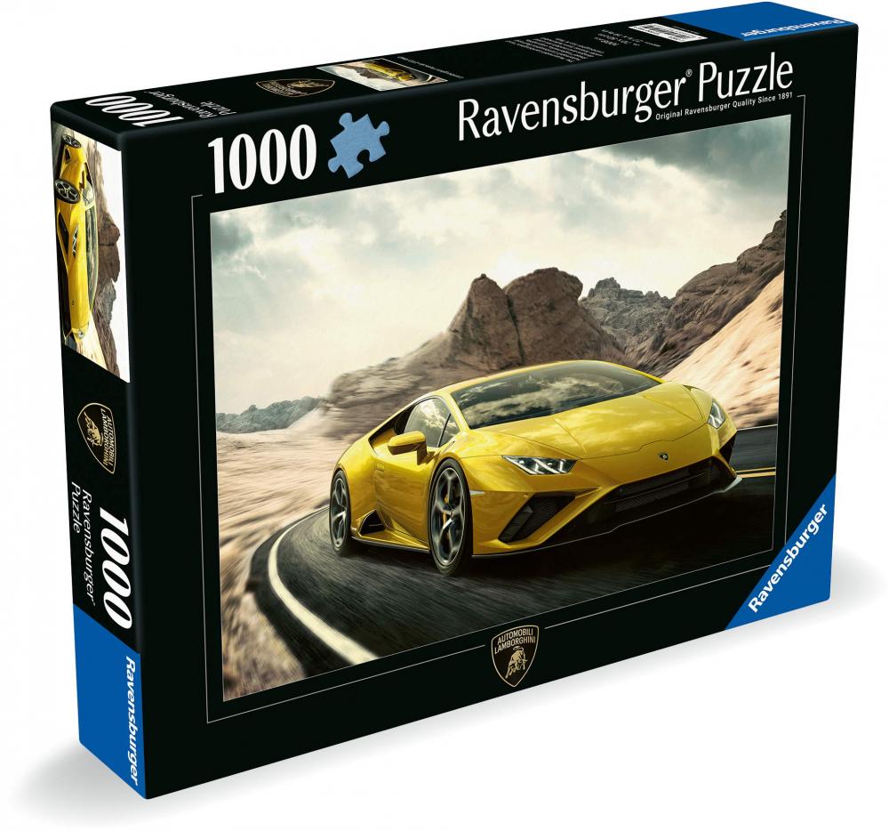 1000-piece puzzle box showing a bright yellow Lamborghini speeding on a curved road in a desert landscape