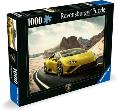1000-piece puzzle box showing a bright yellow Lamborghini speeding on a curved road in a desert landscape