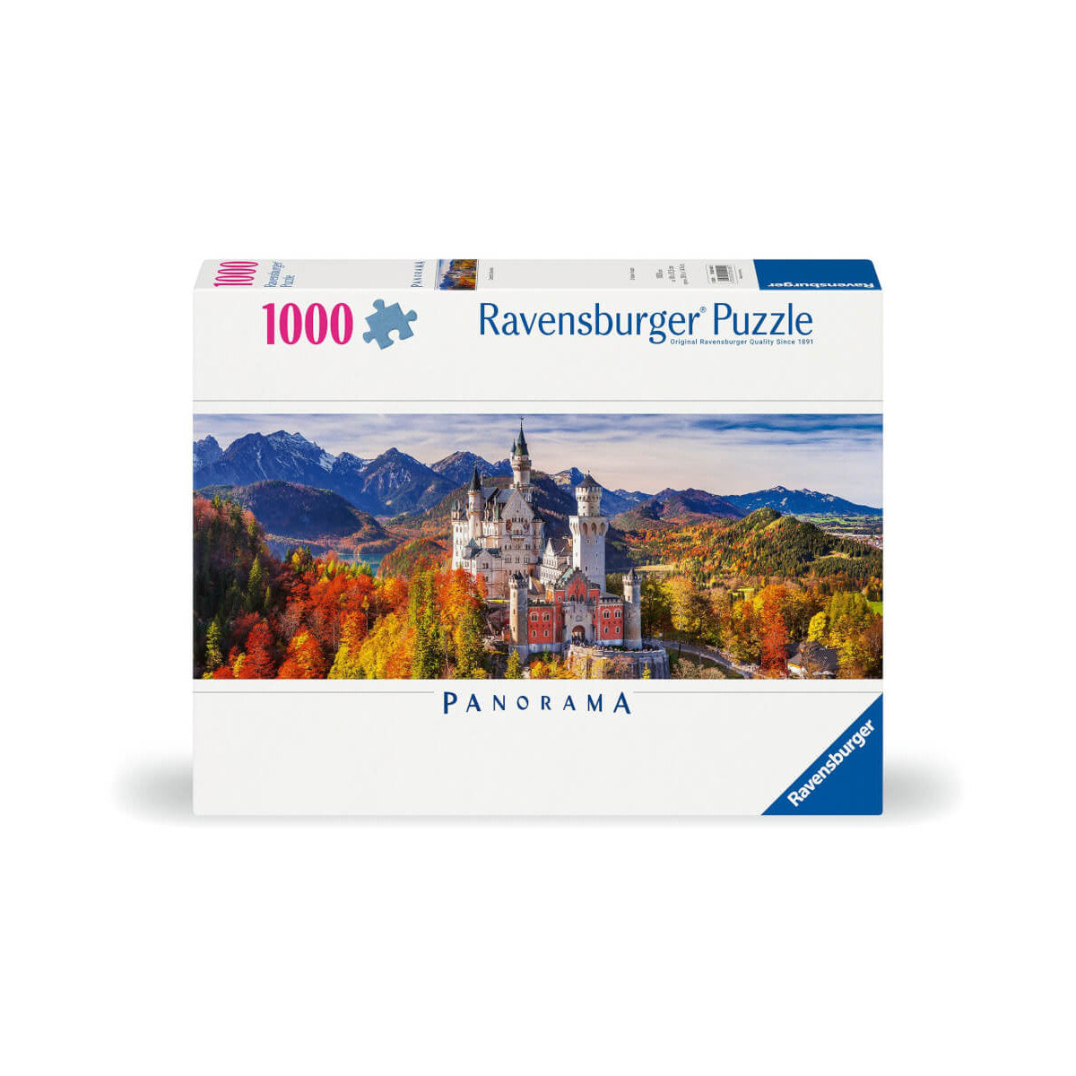 The Ravensburger 1000-piece panorama puzzle box displays Neuschwanstein Castle surrounded by dramatic autumn foliage and alpine peaks