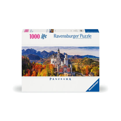 The Ravensburger 1000-piece panorama puzzle box displays Neuschwanstein Castle surrounded by dramatic autumn foliage and alpine peaks