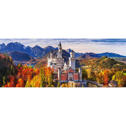 Detailed image of the Neuschwanstein Castle scene in Bavaria with vibrant fall colors and distant blue mountain peaks