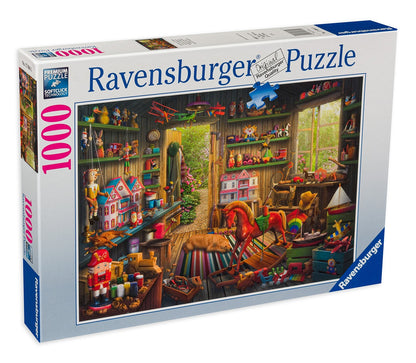This Ravensburger 1000 piece puzzle box shows a detailed picture of a nostalgic toy shed cluttered with wooden puppets a red rocking horse and vintage playthings