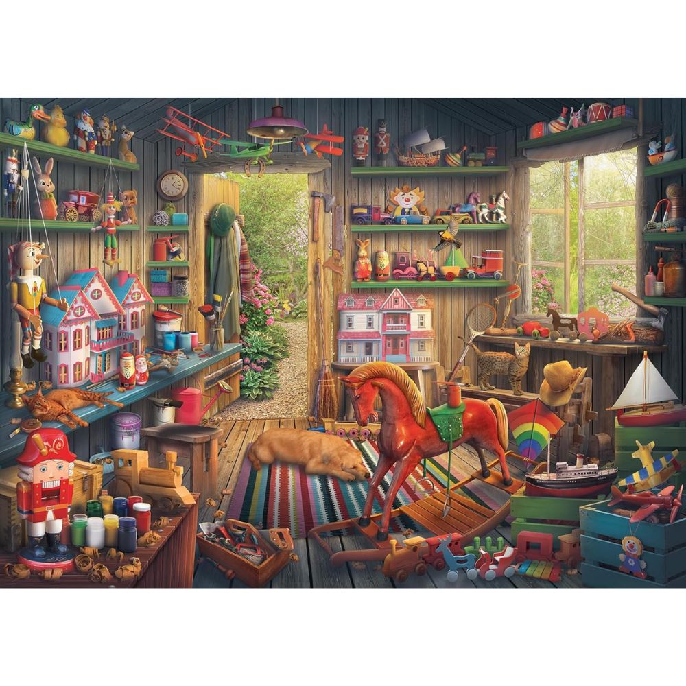 A vibrant 1000-piece puzzle scene depicting a charming, cluttered workshop filled with vintage wooden toys, sleeping animals, and a bright red rocking horse