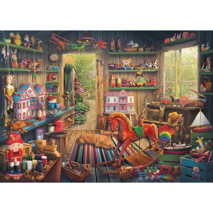 A vibrant 1000-piece puzzle scene depicting a charming, cluttered workshop filled with vintage wooden toys, sleeping animals, and a bright red rocking horse