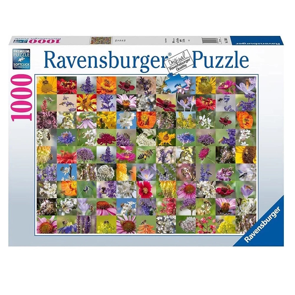 Box for the Ravensburger 1000-piece puzzle showing a grid collage of 99 squares with colorful flowers and busy bees