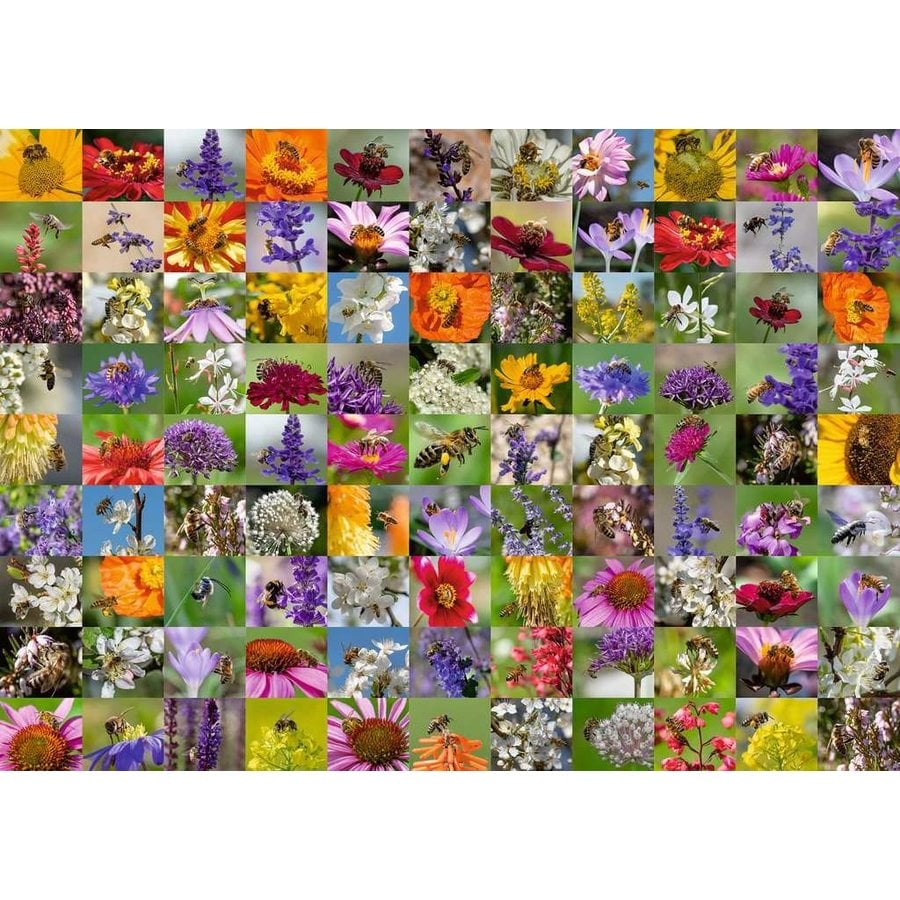The Ravensburger 99 Bees 1000 piece puzzle image shows a vibrant mosaic grid of 100 squares, each featuring a bee and a colorful flower