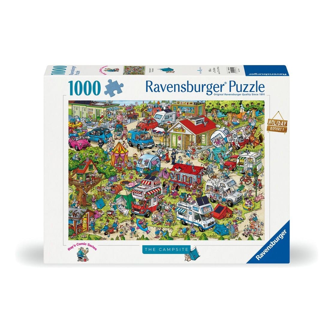 Ravensburger Holiday Resort 1 The Campsite 1000-piece jigsaw puzzle featuring a vibrant detailed cartoon illustration of a busy campground