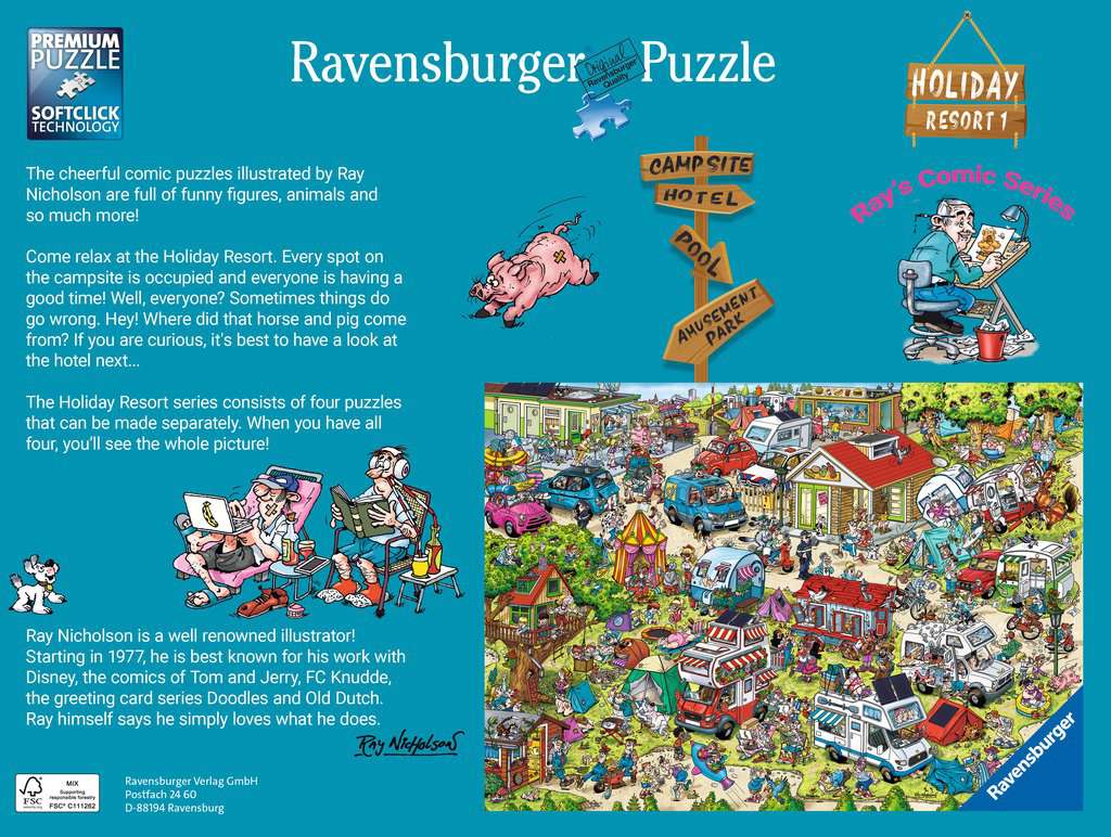 Ravensburger Holiday Resort 1 The Campsite 1000-piece puzzle cover showcasing vibrant illustrations of a bustling campsite hotel pool and amusement park