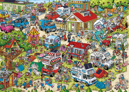 Ravensburger The Campsite 1000-piece puzzle showing a bustling colorful holiday resort with various campers tents and happy cartoon people