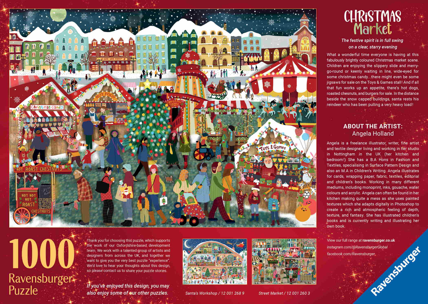 Ravensburger Christmas Market 1000-piece puzzle featuring a festive town scene at night with vendors ice skating a carousel and Santa's sleigh