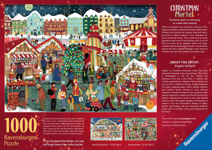 Ravensburger Christmas Market 1000-piece puzzle featuring a festive town scene at night with vendors ice skating a carousel and Santa's sleigh