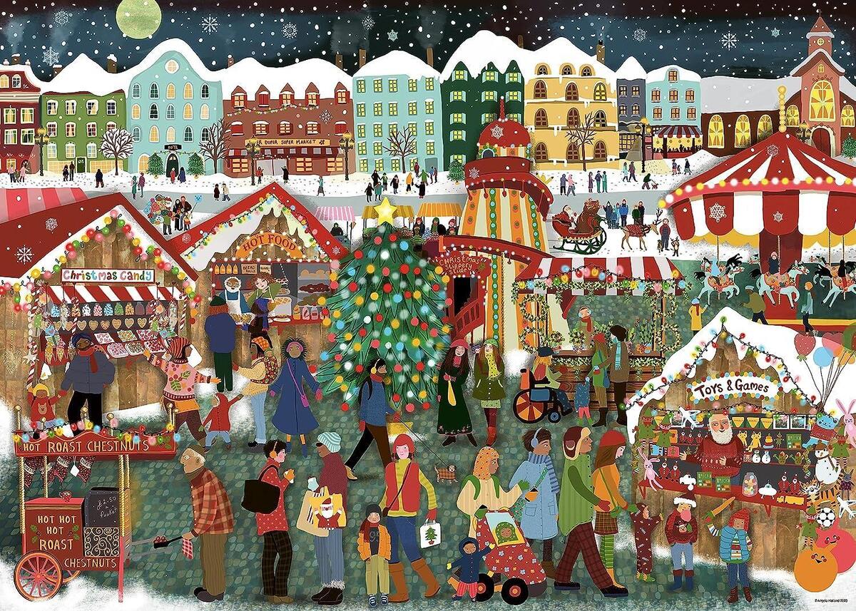 Ravensburger Christmas Market 1000-piece puzzle depicting a bustling winter village scene with shops a carousel a Christmas tree and people enjoying festivities
