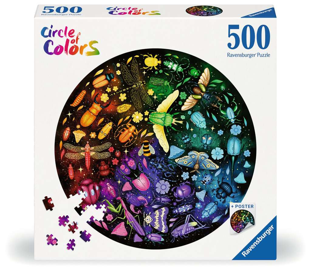 Ravensburger 500-piece puzzle box, "Circle of Colors," displaying insects arranged in a vibrant rainbow circle