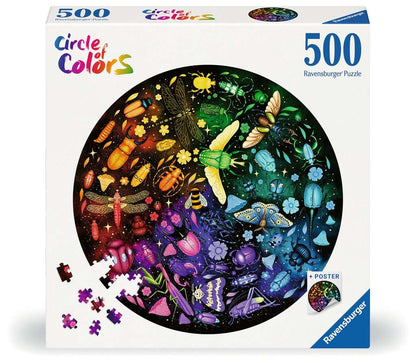 Ravensburger 500-piece puzzle box, "Circle of Colors," displaying insects arranged in a vibrant rainbow circle