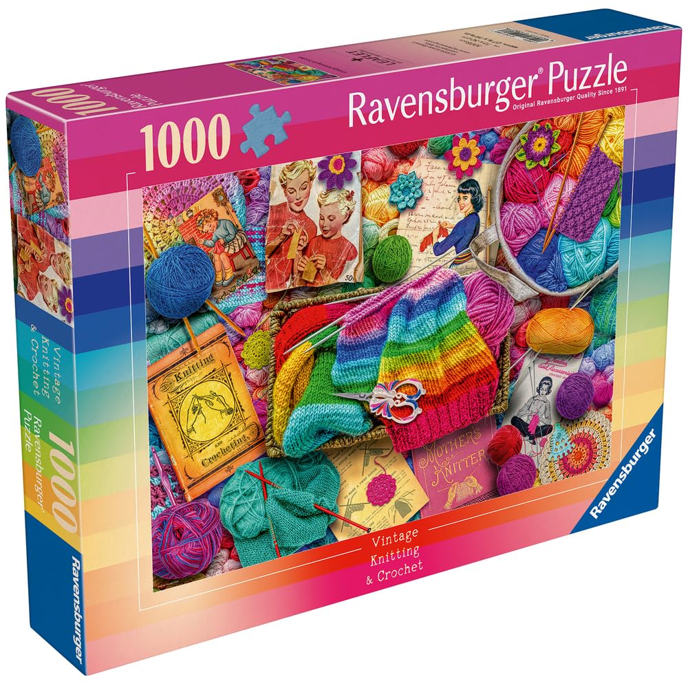 Ravensburger Vintage Knitting And Crochet 1000 Piece Puzzle box showing a colorful collection of yarn, vintage patterns, and knitted items