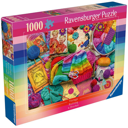 Ravensburger Vintage Knitting And Crochet 1000 Piece Puzzle box showing a colorful collection of yarn, vintage patterns, and knitted items