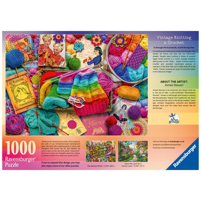 The Ravensburger Vintage Knitting And Crochet 1000 Piece Puzzle box showing a vibrant collection of yarn, knitting needles, vintage patterns, and a rainbow-striped hat