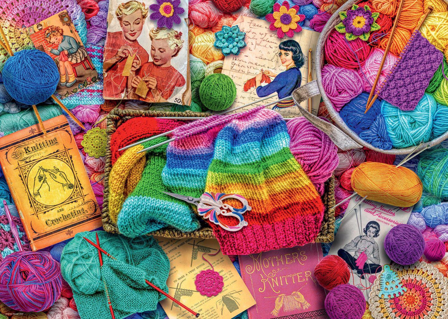 This Ravensburger Vintage Knitting And Crochet 1000 Piece Puzzle features colorful yarn, knitting needles, vintage patterns, and crocheted items