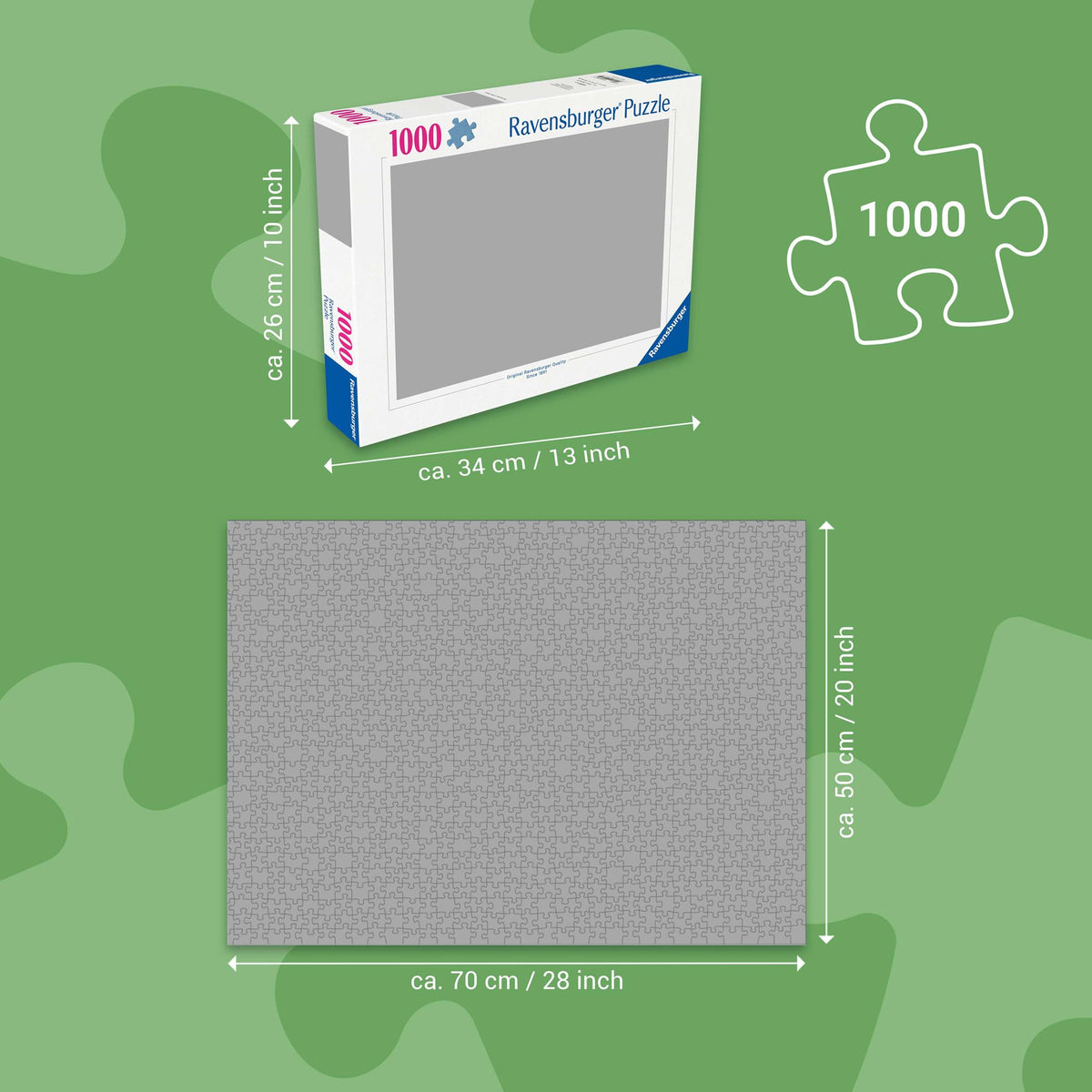 Ravensburger 1000 piece puzzle box and a gray image of the completed puzzle, each with size dimensions, plus a 1000 piece icon