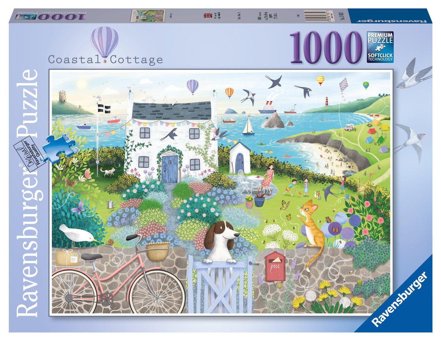 Box for the Ravensburger 1000 piece Coastal Cottage puzzle featuring an illustration of a whimsical seaside home surrounded by flowers and a friendly dog