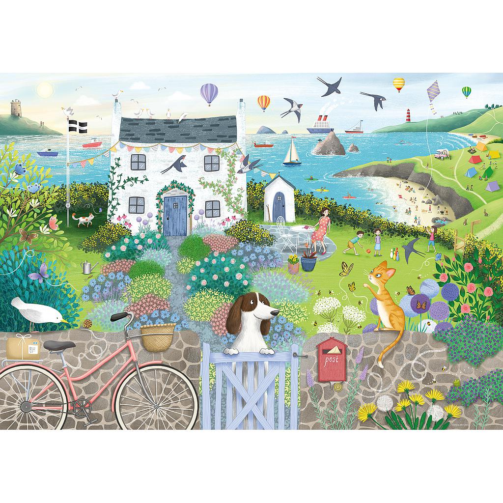 An illustrated scene of a white coastal cottage and flowery garden where a dog and cat watch people playing on the sunny seaside beach