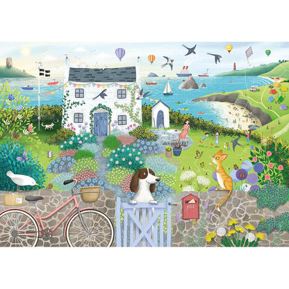 An illustrated scene of a white coastal cottage and flowery garden where a dog and cat watch people playing on the sunny seaside beach