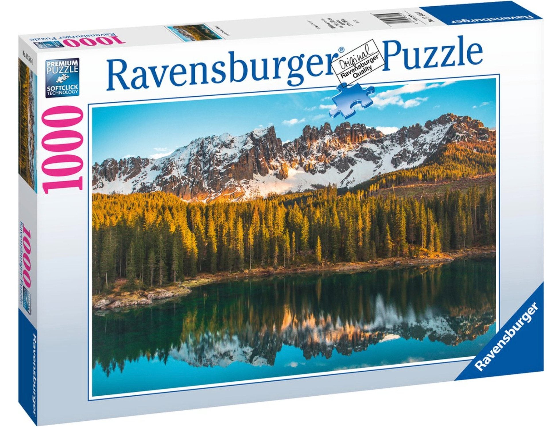 Ravensburger Lake Carezza 1000-piece puzzle featuring a stunning autumn mountain landscape reflecting on a clear lake Premium Puzzle softclick technology
