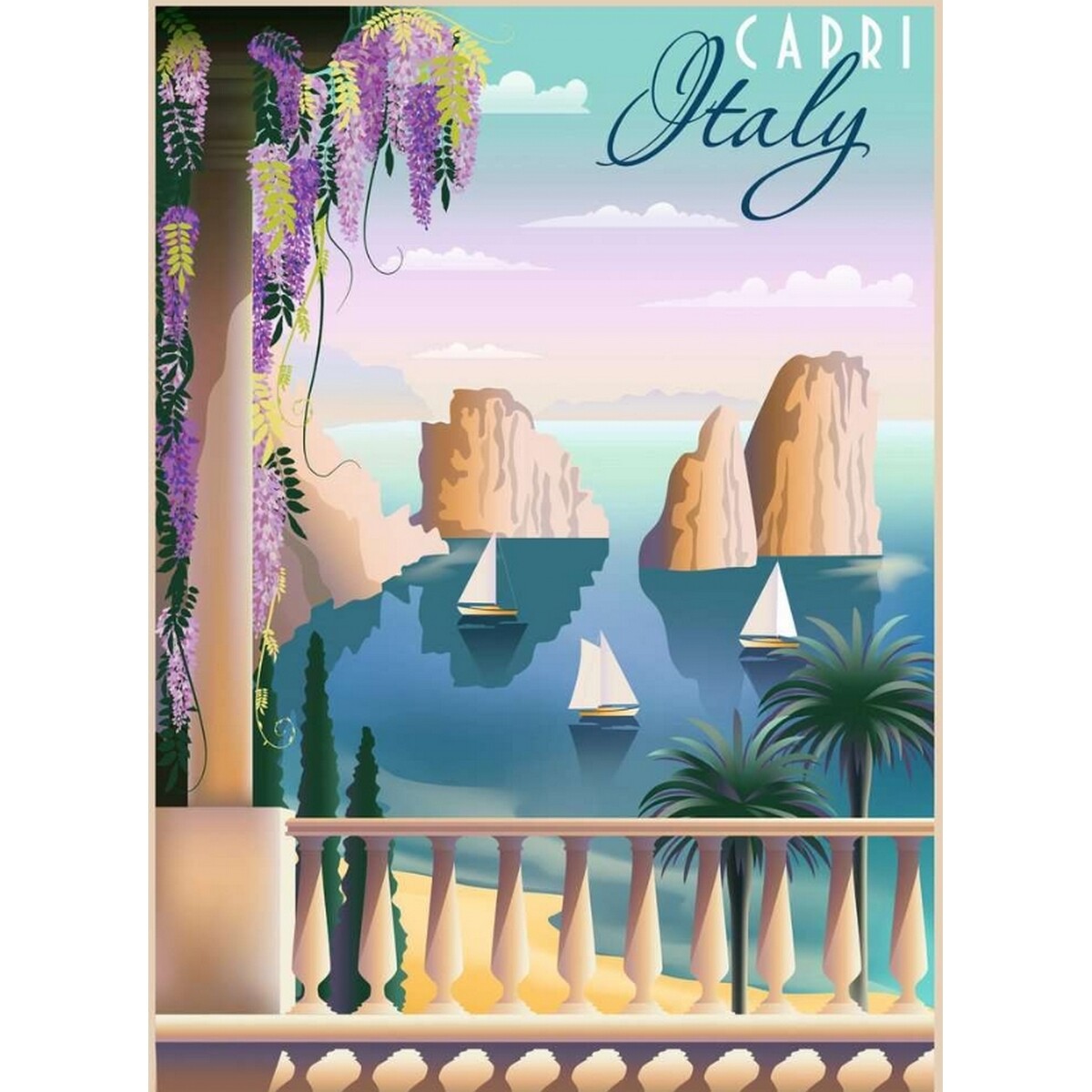 Ravensburger Postcard from Capri Italy 1000-piece puzzle showing a scenic view with purple wisteria sailboats sea stacks and a balcony
