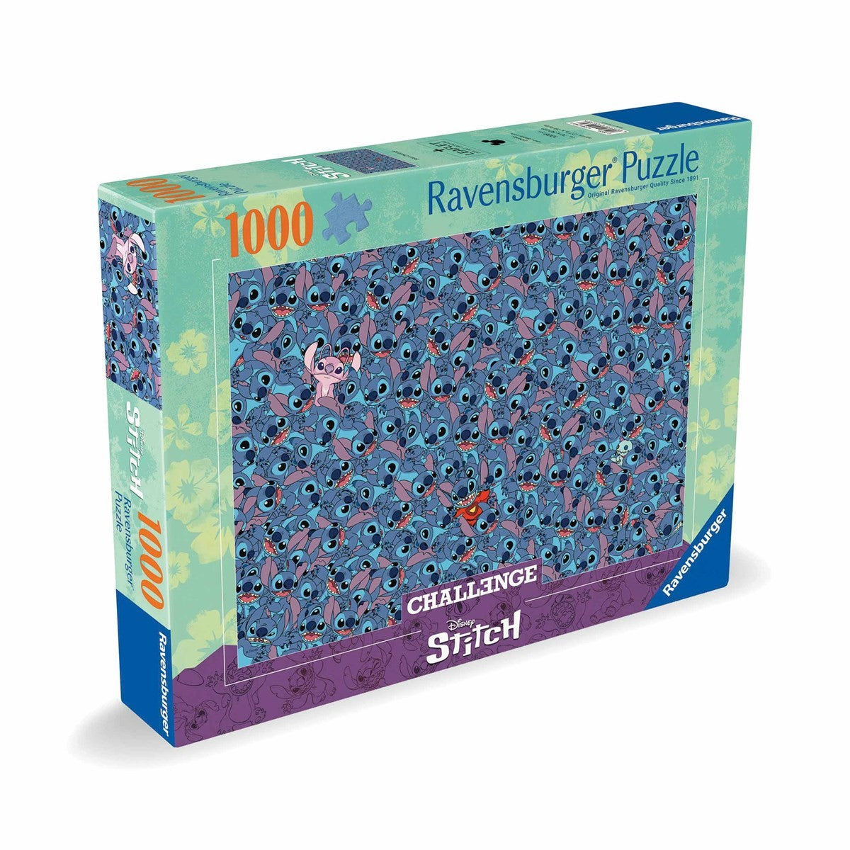 A Ravensburger Disney Stitch Challenge 1000-piece jigsaw puzzle box displays a dense pattern of blue Stitch faces, accented by pink Angel and other characters, on a teal and purple package