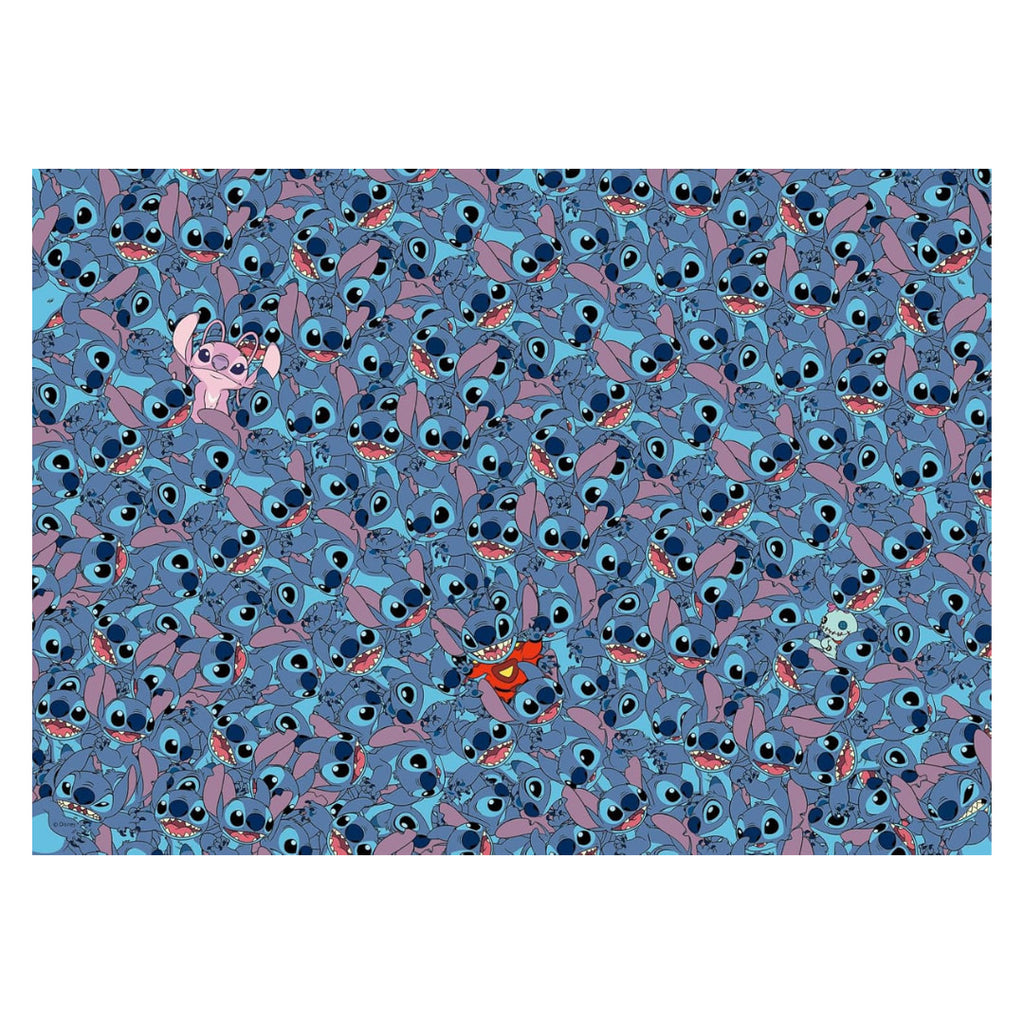 Artwork for the Ravensburger Disney Stitch Challenge 1000 piece jigsaw, depicting a dense pattern of blue Stitches, with a pink Angel, a red Stitch, and a tiny white alien cleverly hidden