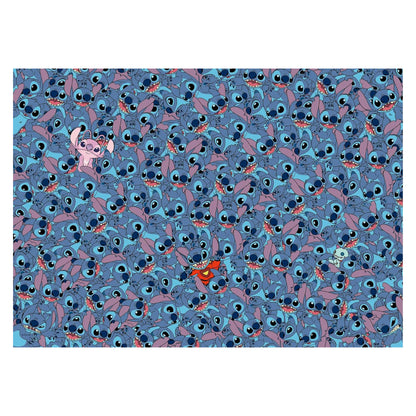 Artwork for the Ravensburger Disney Stitch Challenge 1000 piece jigsaw, depicting a dense pattern of blue Stitches, with a pink Angel, a red Stitch, and a tiny white alien cleverly hidden