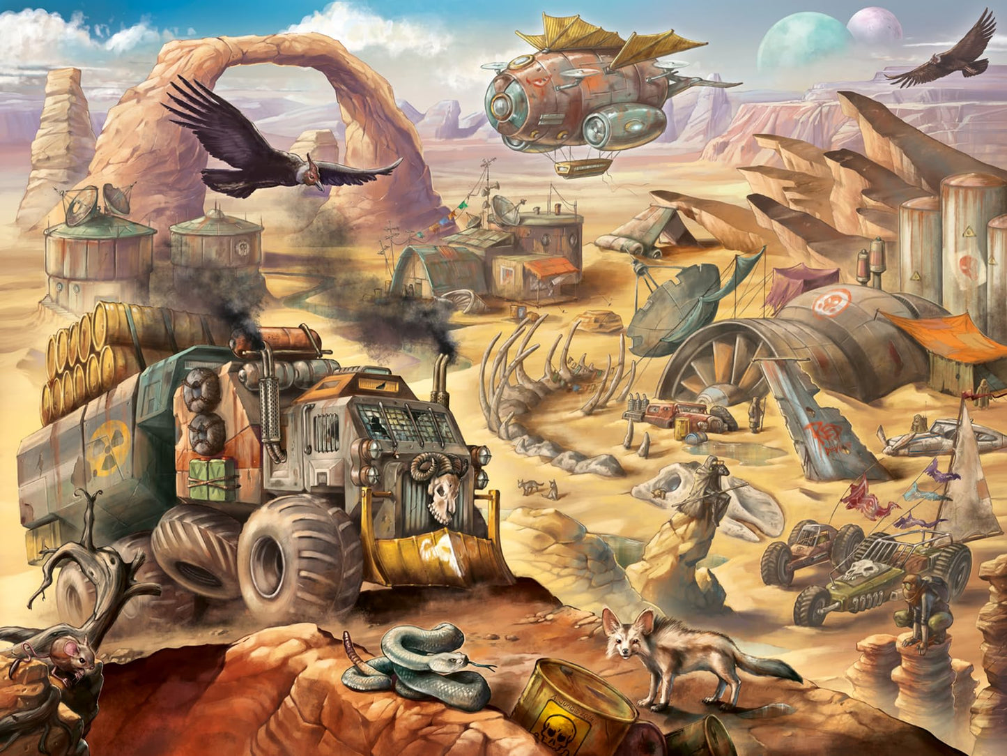 Jigsaw image depicting a futuristic desert wasteland filled with a massive armored truck, skeletal remains, makeshift shelters, and a steampunk airship