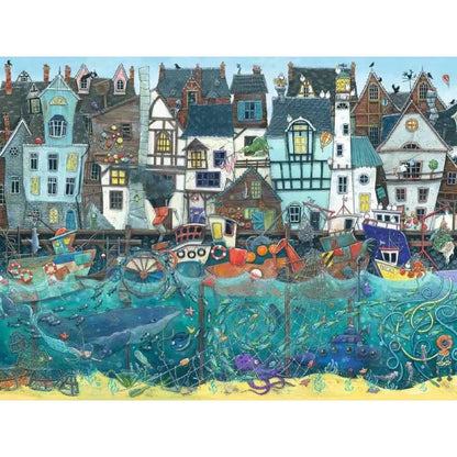 A vibrant illustration of a whimsical harbor town with colorful houses, fishing boats, and an underwater world teeming with marine life and a submarine