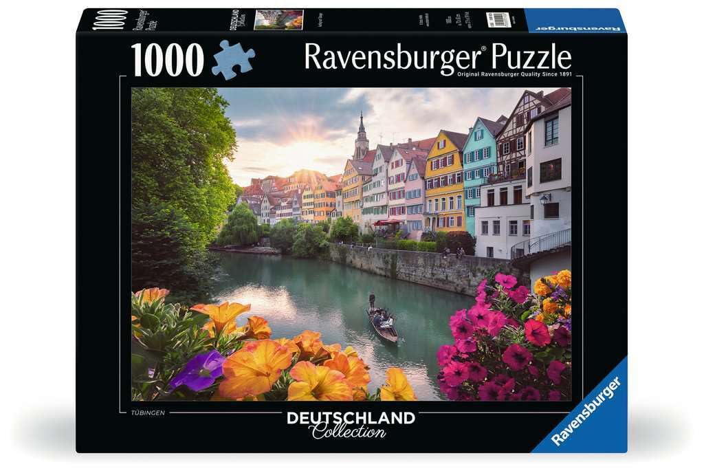 The 1000-piece Ravensburger Tübingen puzzle from the Deutschland Collection shows colorful half-timbered houses along the river Neckar at sunset