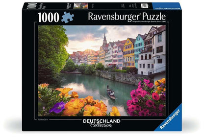 The 1000-piece Ravensburger Tübingen puzzle from the Deutschland Collection shows colorful half-timbered houses along the river Neckar at sunset