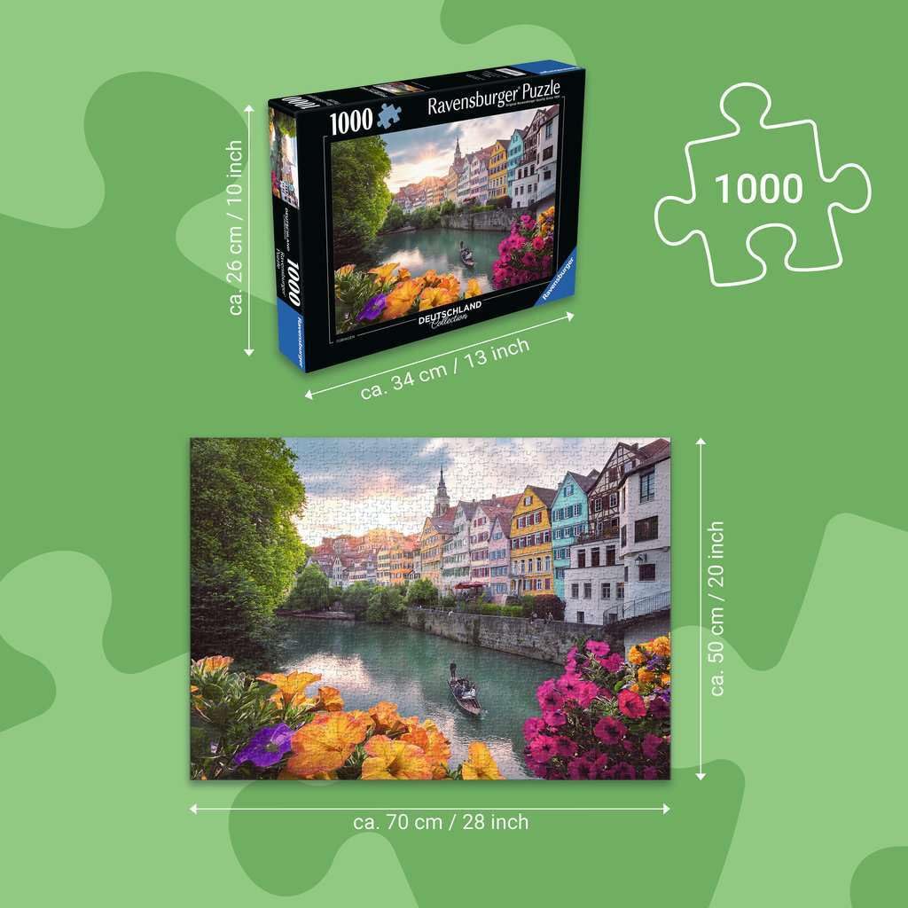 A Ravensburger 1000-piece jigsaw puzzle box and the finished image of Tübingen's colorful riverfront, which measures 70 by 50 centimeters or 28 by 20 inches