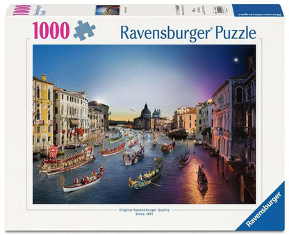 Box of the 1000-piece Ravensburger jigsaw puzzle displaying a magnificent twilight view of a boat procession along a historic Venice canal