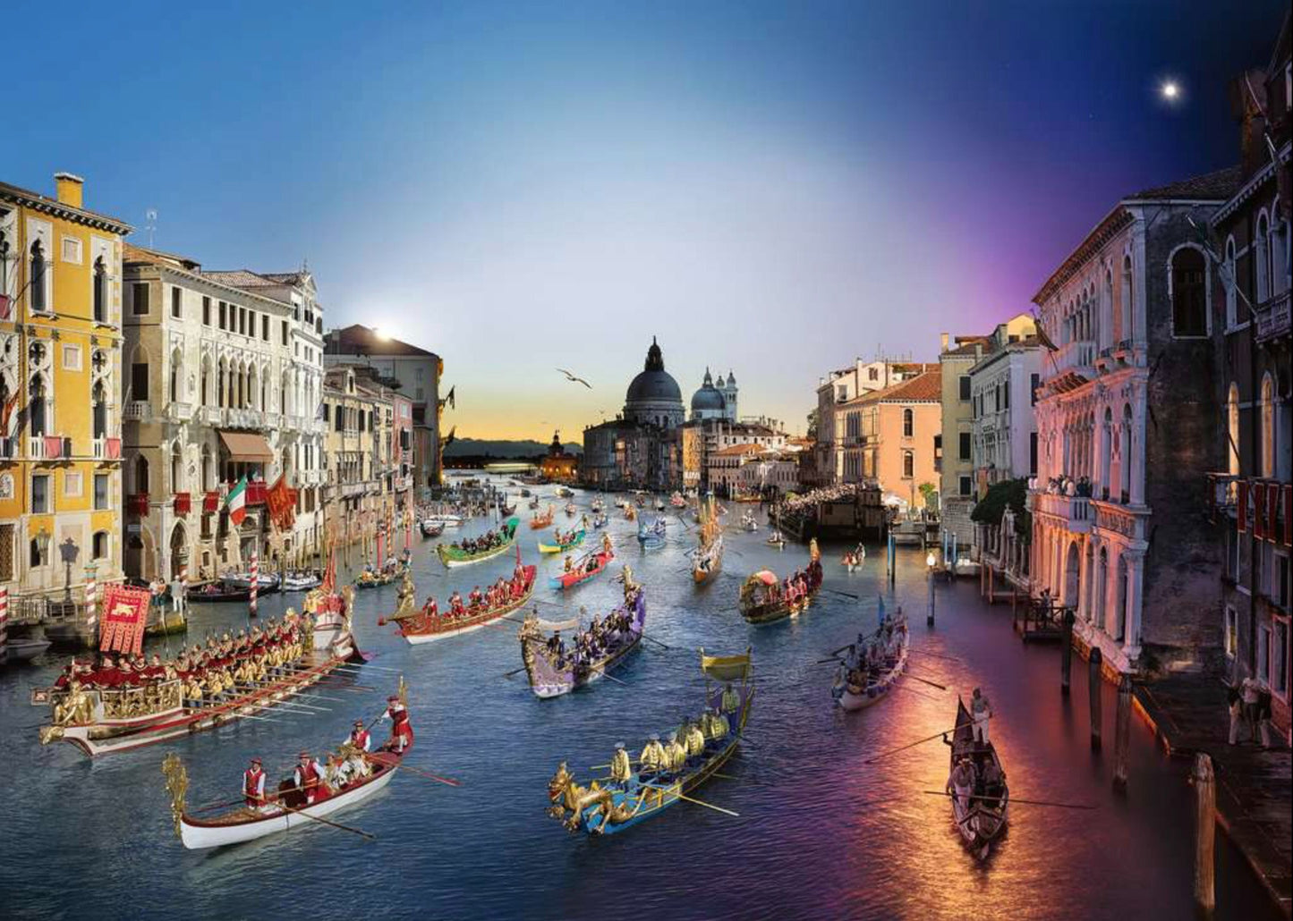 Detailed image of a grand boat parade and festival on the Venice Grand Canal under a sky that shifts from bright blue day to deep purple night