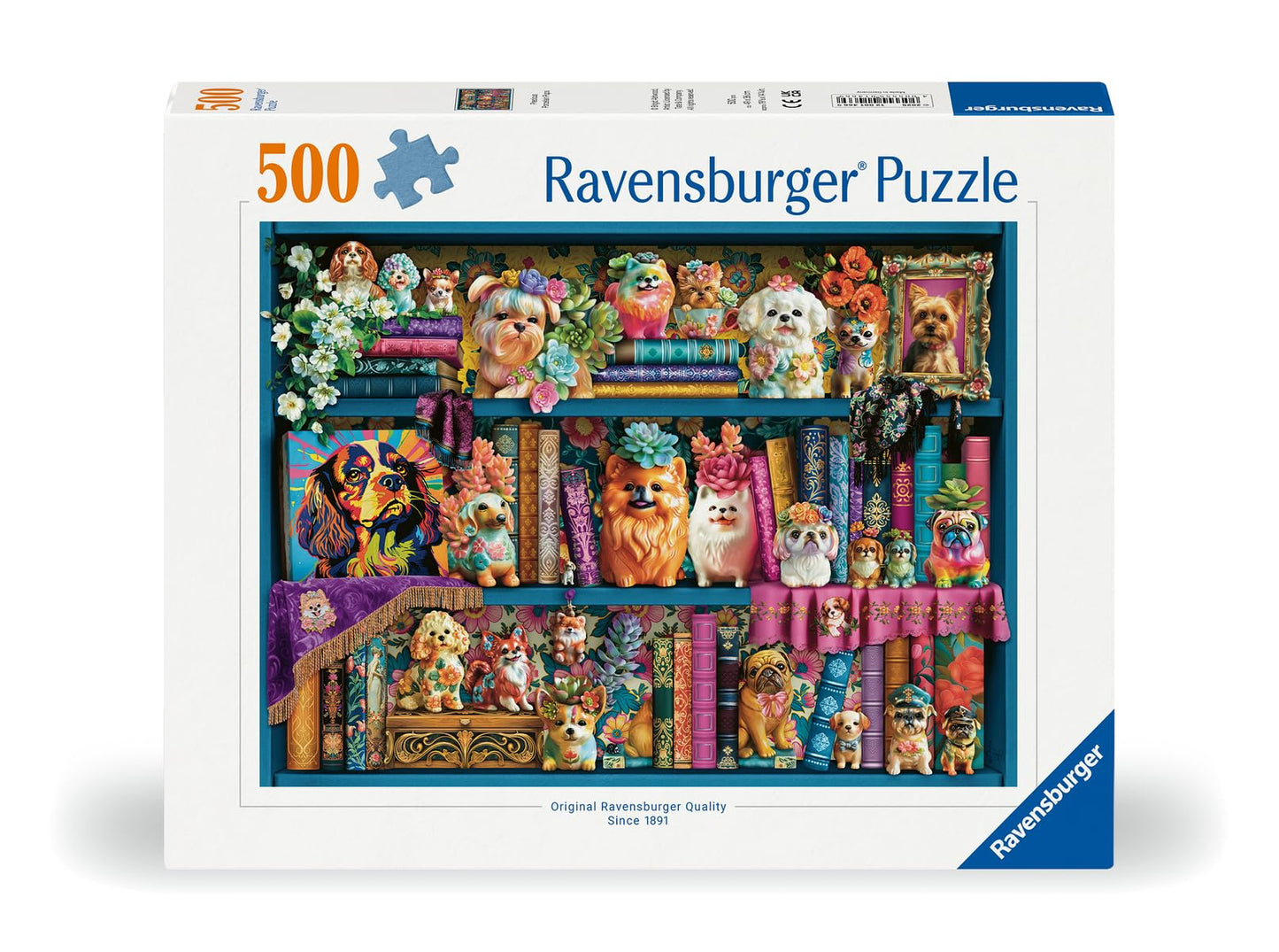 Ravensburger Precious Porcelain Pups 500-piece puzzle featuring a bookshelf filled with colorful dog figurines books and floral decorations