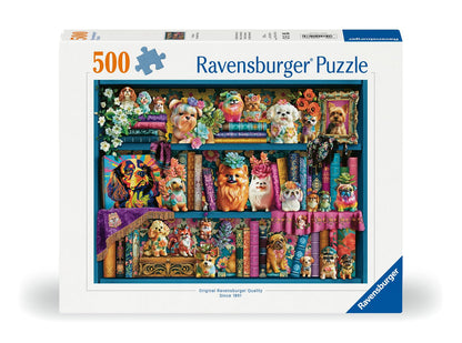 Ravensburger Precious Porcelain Pups 500-piece puzzle featuring a bookshelf filled with colorful dog figurines books and floral decorations
