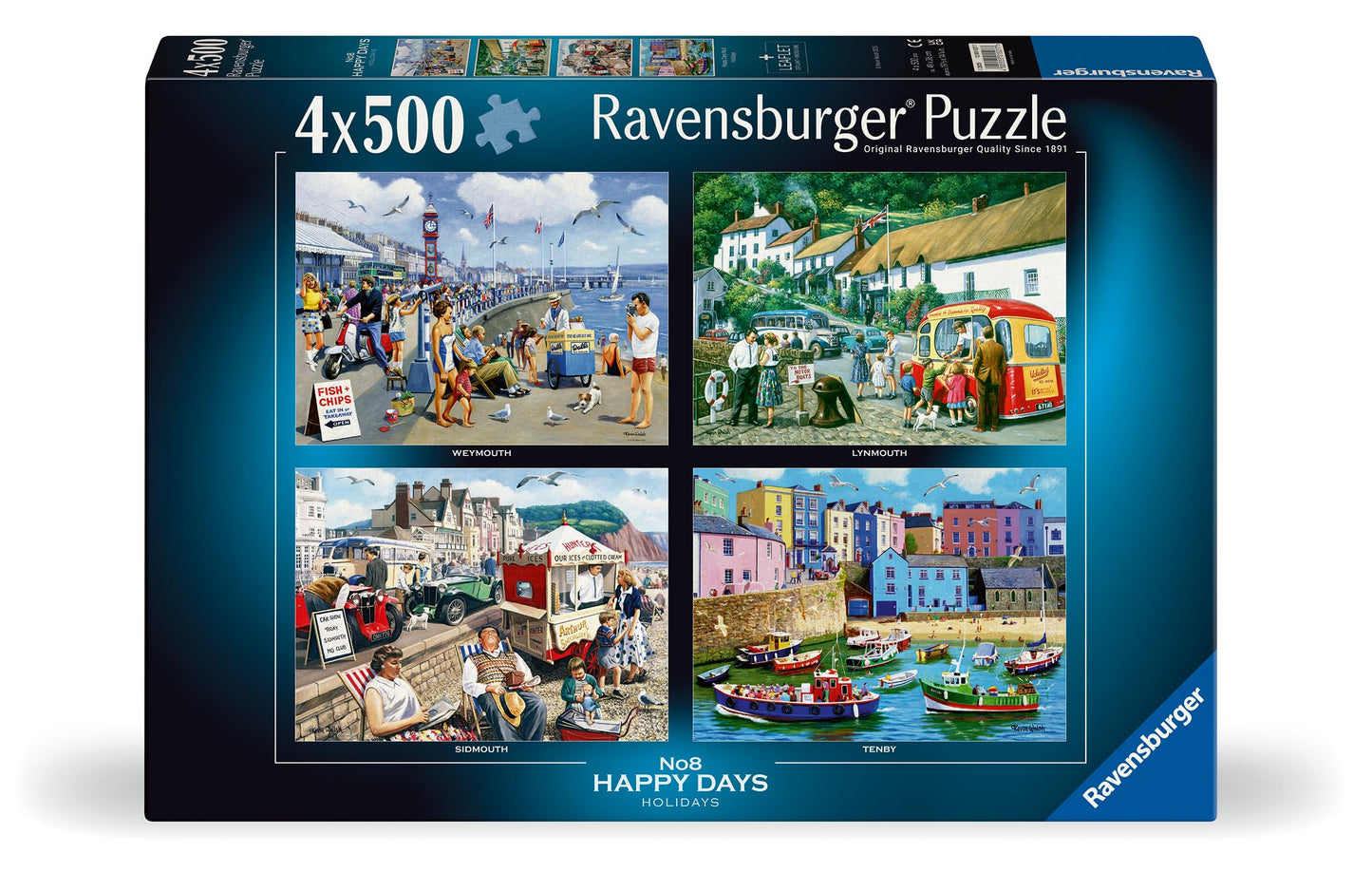 Ravensburger 4x500 piece Happy Days No 8 Holidays puzzle box displaying four nostalgic seaside illustrations of British coastal towns