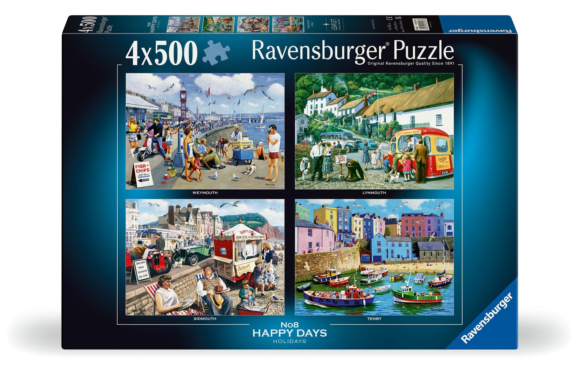 Ravensburger 4x500 piece Happy Days No 8 Holidays puzzle box displaying four nostalgic seaside illustrations of British coastal towns