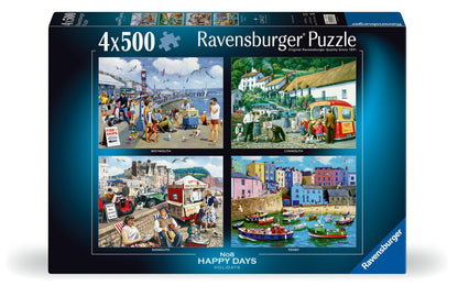 Ravensburger 4x500 piece Happy Days No 8 Holidays puzzle box displaying four nostalgic seaside illustrations of British coastal towns