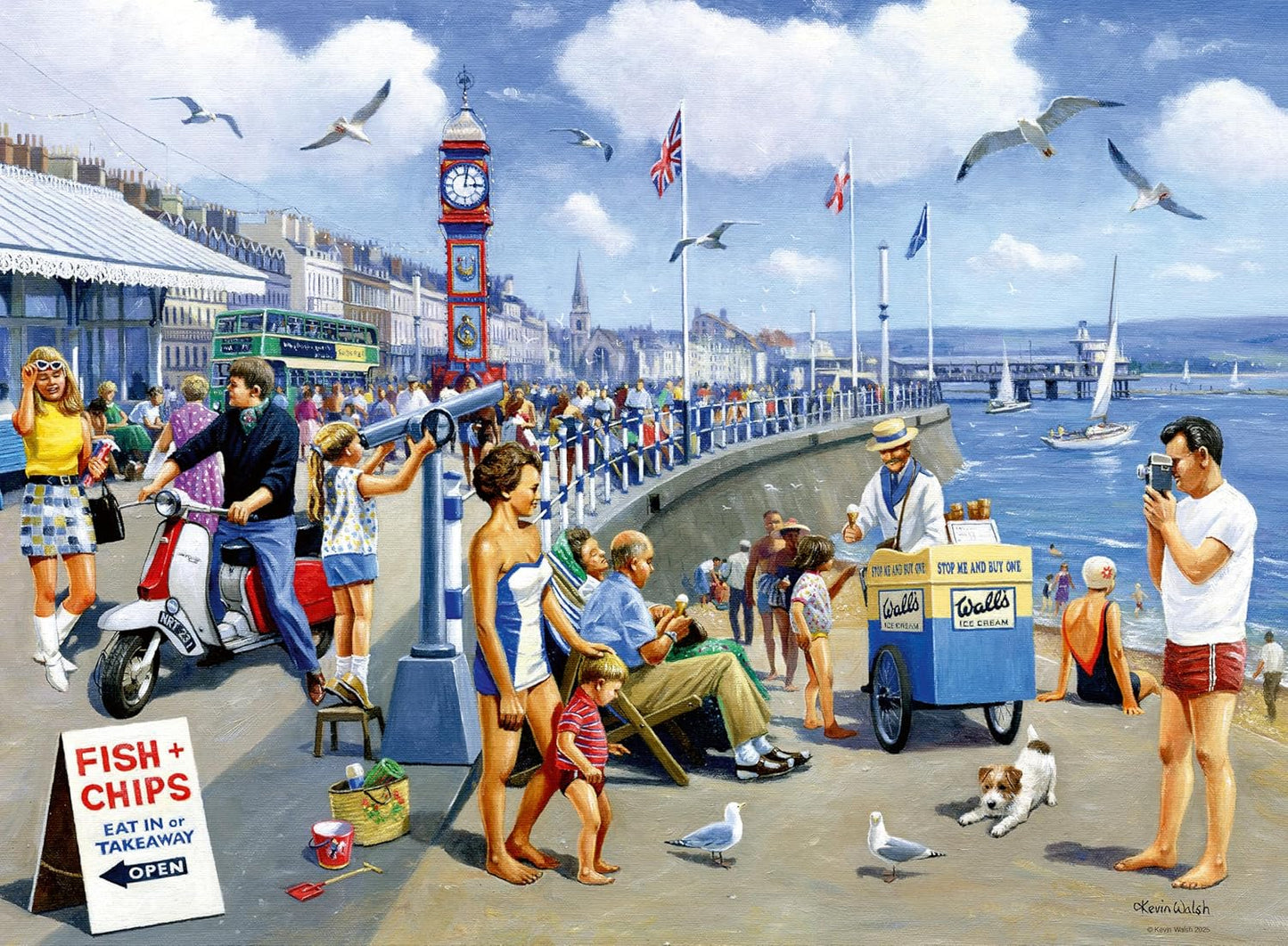 Artwork for the Ravensburger Happy Days No 8 Holidays puzzle depicting a vibrant 1960s British seaside with a busy promenade, a clock tower, and people enjoying ice cream and the view