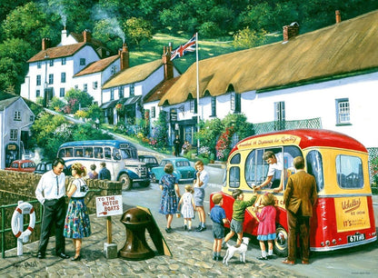 Kevin Walsh's artwork showing a sunny vintage village holiday scene with people buying ice cream from a bright red van and a vintage bus stopped nearby