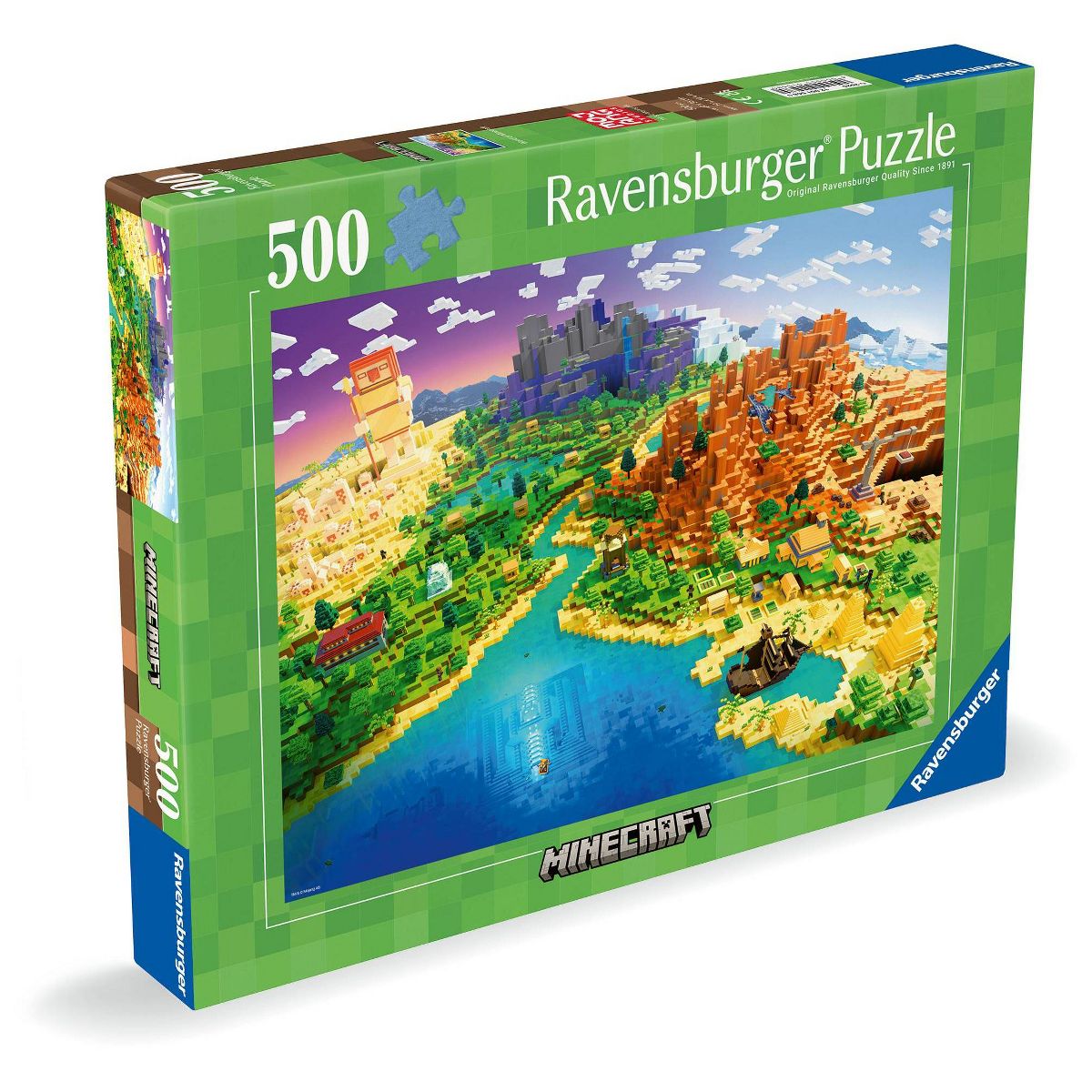 A box for a 500-piece Minecraft jigsaw puzzle depicting a blocky landscape with mountains, buildings, and a river