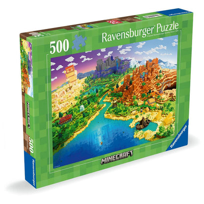 A box for a 500-piece Minecraft jigsaw puzzle depicting a blocky landscape with mountains, buildings, and a river